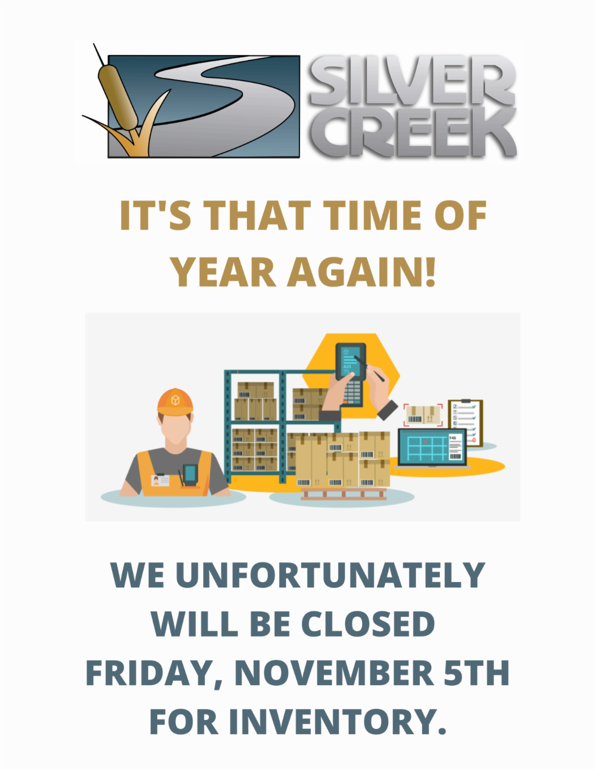 Silver Creek Supply branch locations will be closed on Friday, November 5, 2021, for inventory