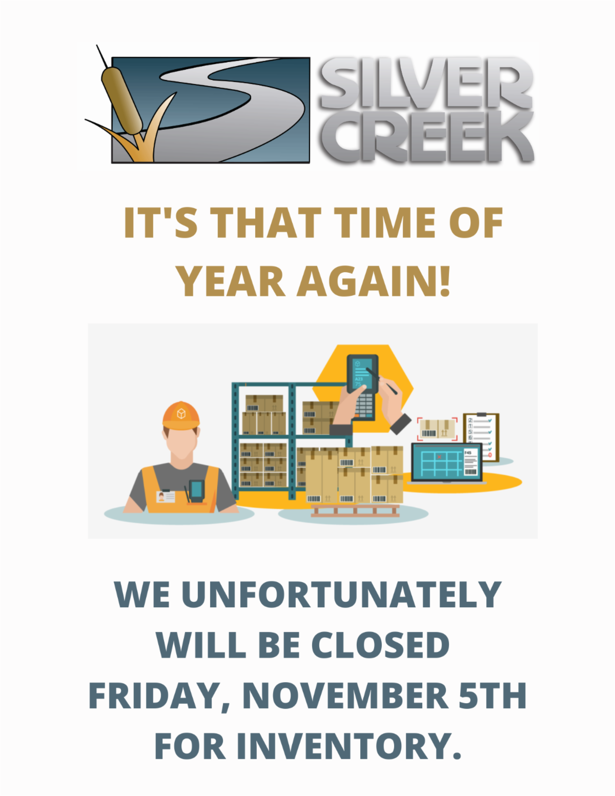 Silver Creek Supply branch locations will be closed on Friday, November  5, 2021, for inventory