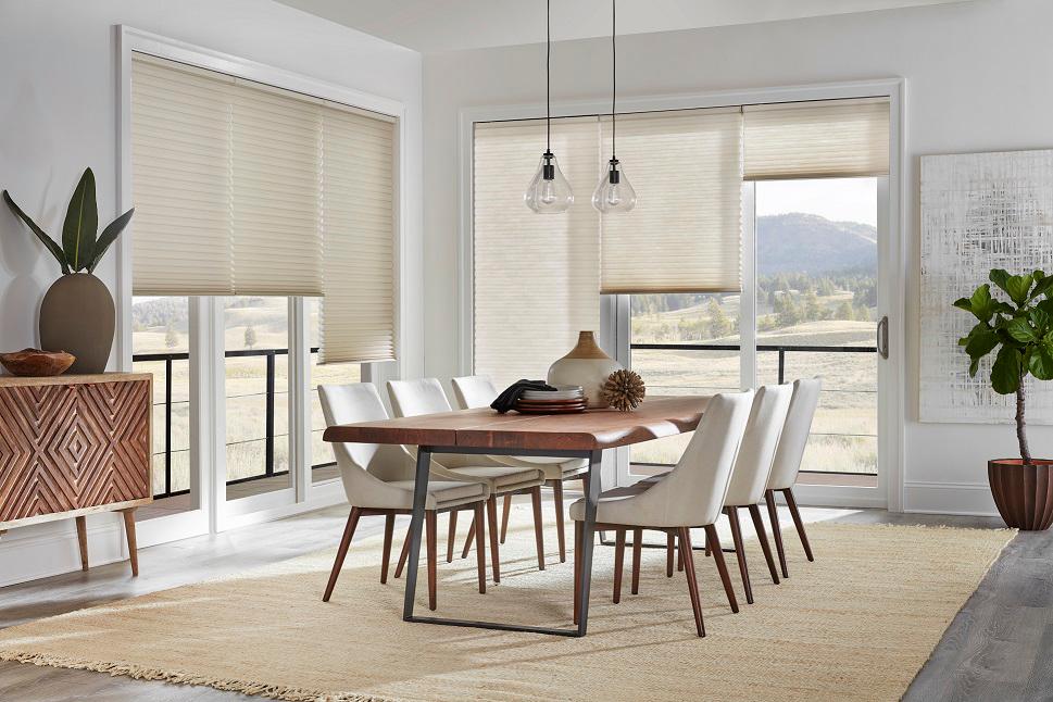 Let the light peek in without compromising your privacy. These modern  Honeycomb Shades  keep your dining room bright and perfectly private so that you can focus on family time.  #BudgetBlindsGlendaleNorthHollywood #HoneycombShades #ShadesOfBeauty #FreeConsultation #WindowWednesday