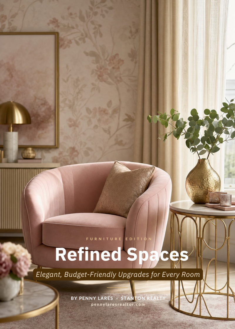 A luxurious pink velvet armchair is the centerpiece of this elegant living room vignette. The chair is adorned with a shimmering gold textured pillow, and its curved silhouette adds a touch of vintage glamour. Behind the chair, floral wallpaper in soft blush and beige tones sets a serene mood. To the right, a small, round marble-top table with intricate gold metal legs holds a hammered gold vase filled with eucalyptus branches and a small decorative candle holder. A floor lamp with a brass dome shade stands to the left, casting a warm glow on a cream-colored cabinet. A framed abstract artwork with soft pink hues hangs above the cabinet. The overall scene is bathed in soft, natural light filtering through sheer beige curtains, creating an atmosphere of refined comfort and sophisticated style.