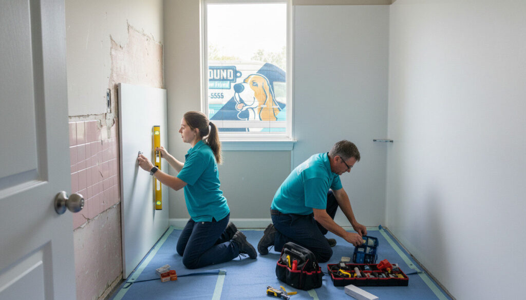 BathHound installation team actively working on a shower remodel and bathroom conversion project inside a Denver-area home. Professional in-house installers handling tub-to-shower conversions, walk-in shower installation, bathtub replacement, and accessible bath remodeling services throughout Denver, Arvada, Aurora, Westminster, Centennial, Englewood, and surrounding Colorado communities.