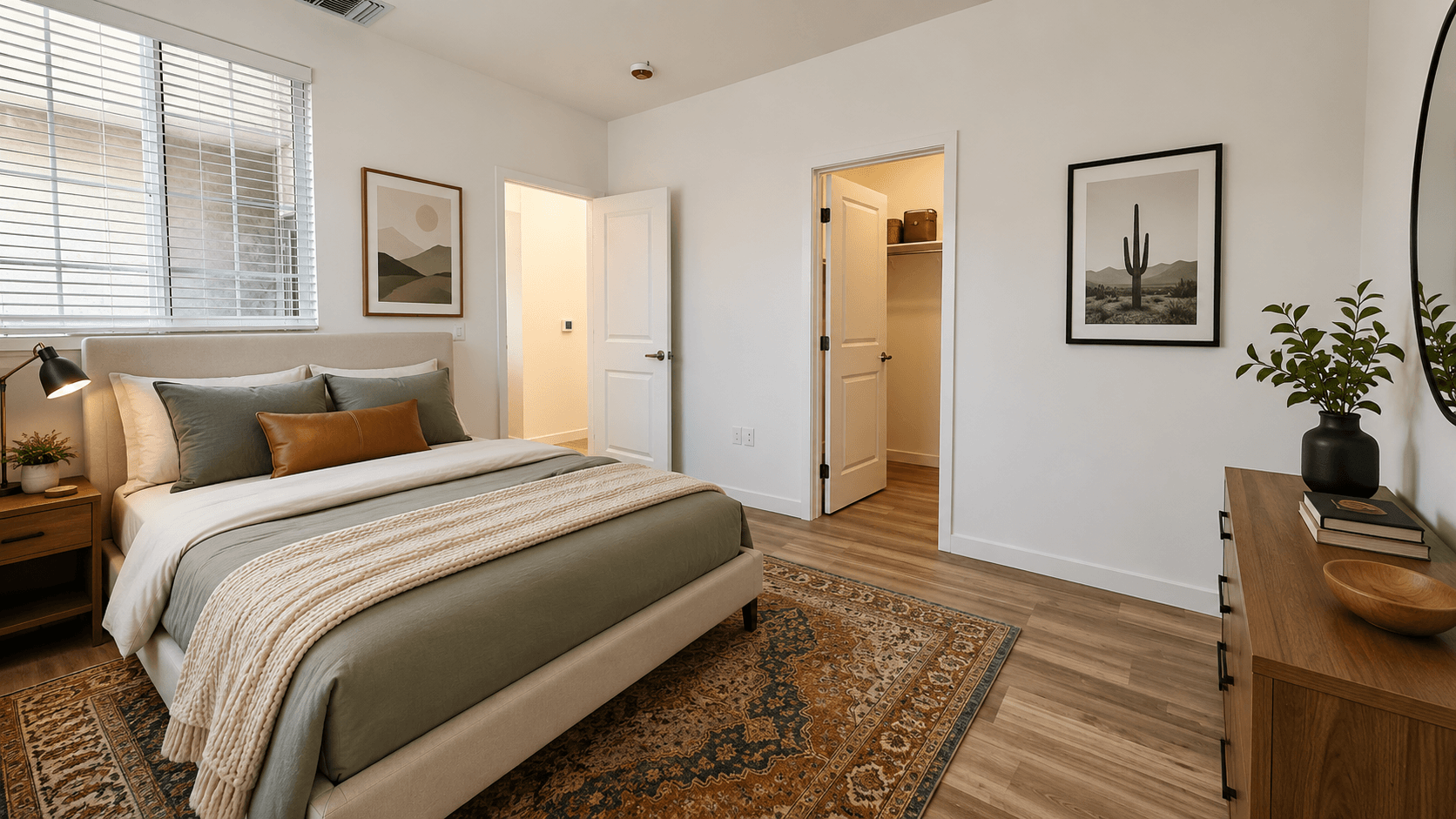 A bedroom with a large bed and a rug on the floor.