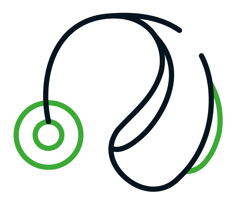 Illustration af et bag-øret høreapparat med sort kontur og grønne cirkler, der viser mikrofon og øredel.