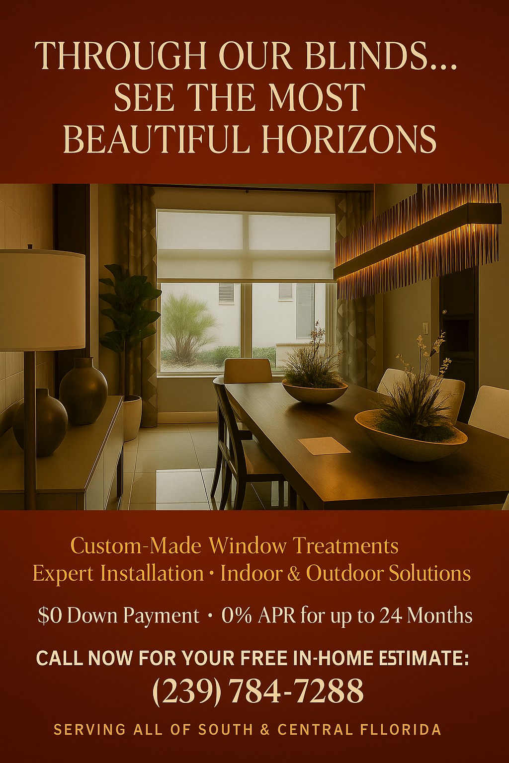 Blinds 
Indoor and Outdoor 
Call us to schedule your FREE estimate at (786) 597-1085. 