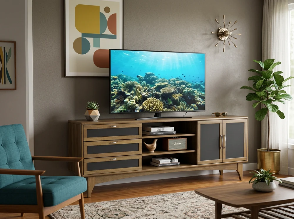 Tipton TV Stand by Foundry 39, a 72-inch solid Seasoned Cherry wood media console with a Natural fin 