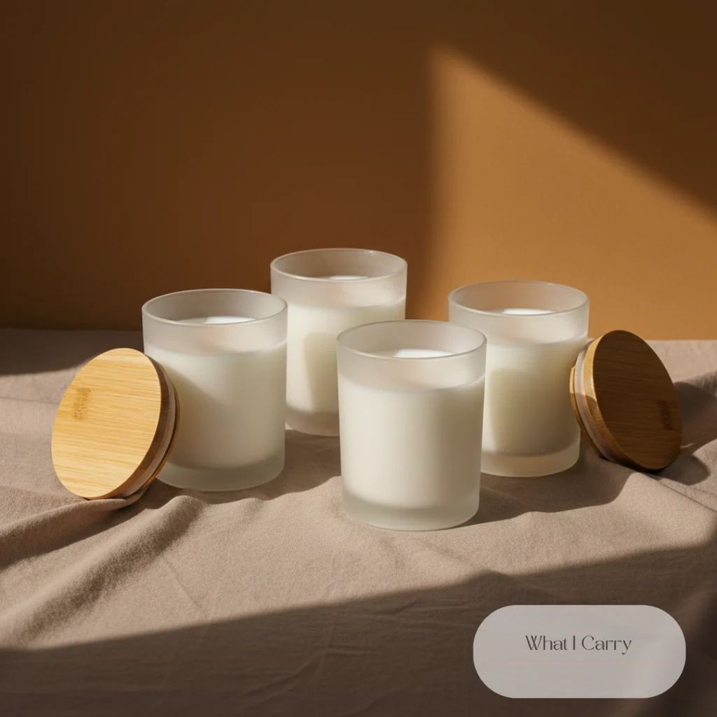 Four frosted glass candles with white wax and bamboo lids are arranged on a textured beige tablecloth. The background is a warm, muted orange, with soft shadows cast across the scene. A subtle oval logo with text is visible in the bottom right corner.