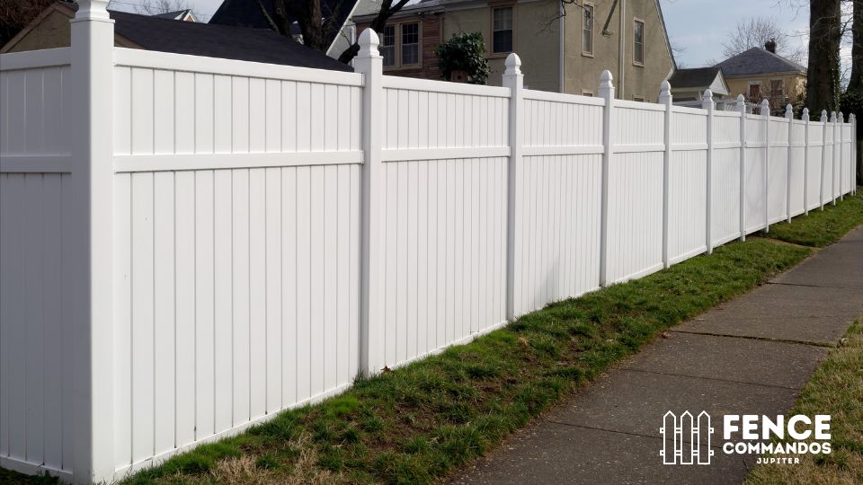 Full-coverage white PVC vinyl privacy fencing with decorative post caps installed along a residentia 