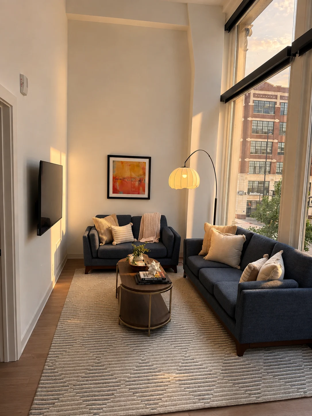 A living room with a dark blue couch, a coffee table, and a painting on the wall