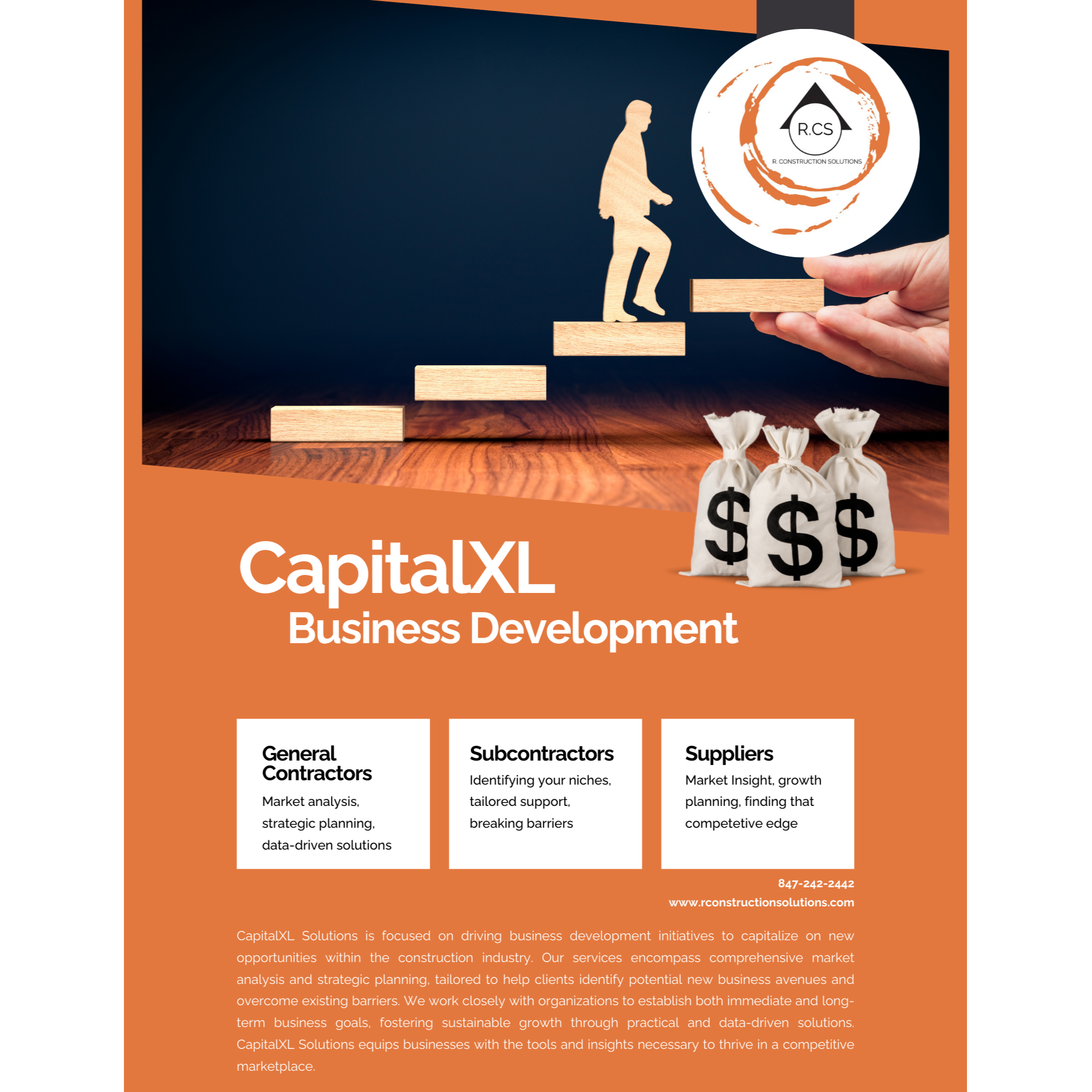 CapitalXL by R. Construction Solutions drives business development initiatives through comprehensive market analysis, strategic planning, and data-driven solutions. Helps general contractors identify new market opportunities. Helps subcontractors find their niches and break through barriers. Helps suppliers gain market insight, growth planning, and competitive edge.
