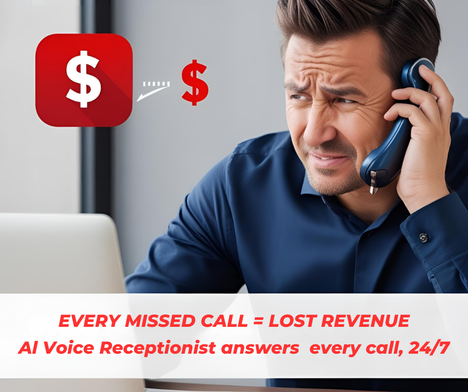 A stressed businessman wearing a navy blue shirt is seen holding a phone to his ear with a frustrated expression. He is seated at a desk with a laptop in front of him, appearing concerned about a missed opportunity. A red dollar sign icon with a diminishing effect symbolizes lost revenue due to missed calls.

Overlayed text in bold red reads:
"EVERY MISSED CALL = LOST REVENUE"
"AI Voice Receptionist answers every call, 24/7."

This image effectively conveys the impact of missed calls on business revenue and highlights the benefits of an AI-powered receptionist that ensures every call is answered, reducing lost leads and increasing conversions.