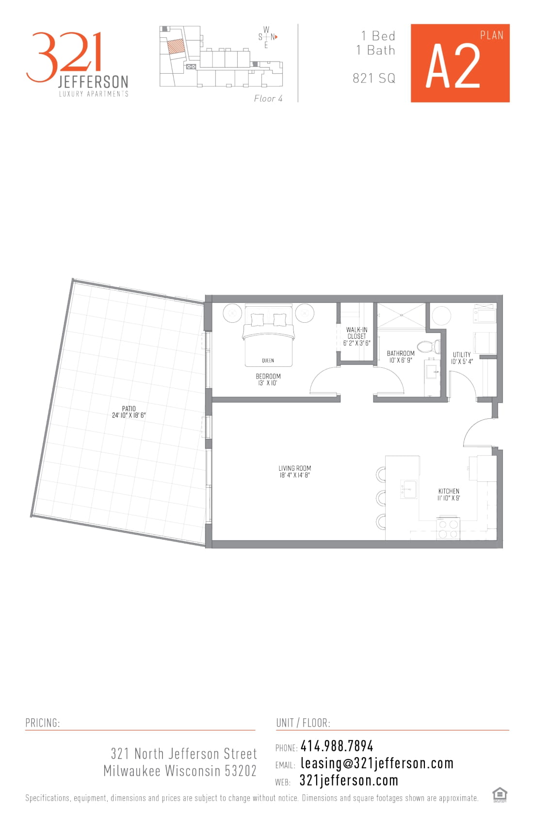 321 Jefferson One Bedroom Floor Plan A2 821 Sq Ft