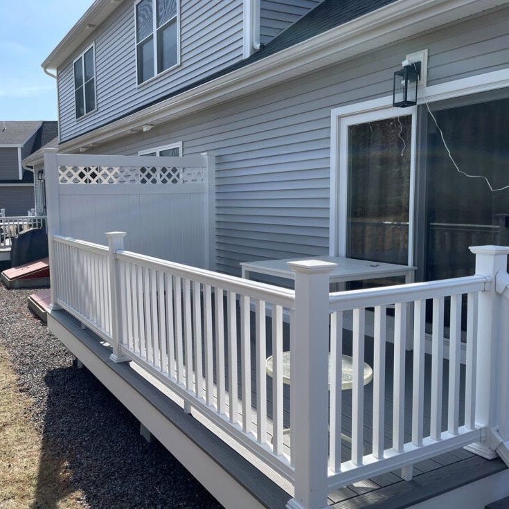 We installed a 6&prime; white vinyl panel fence with a diagonal lattice topper, giving the homeowner the perfect balance of privacy and airflow while maintaining a sharp, finished look.