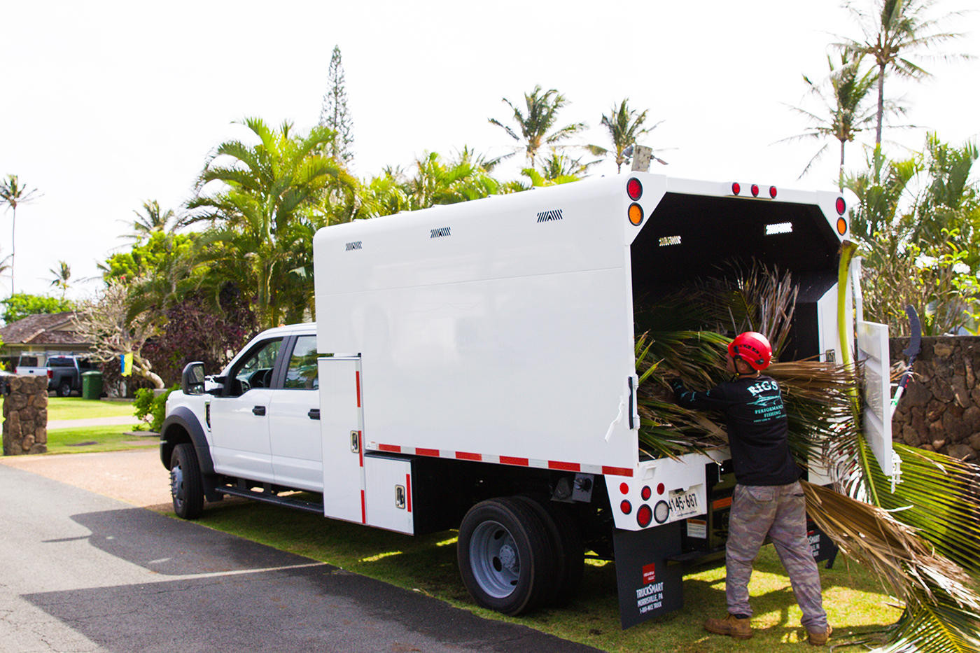 A tree service professional in Oahu, Hawaii, carefully trims branches away from power lines, ensuring the safety of the home's residents.