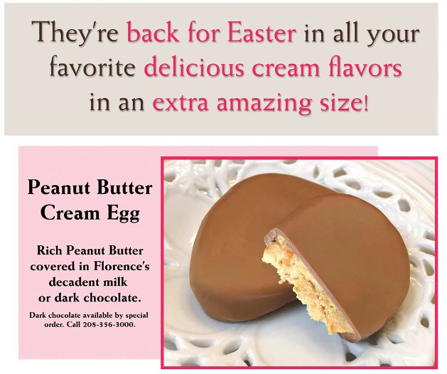 A cherished Easter tradition, Florence's Exquisite Chocolates' 1.7 ounce Cream Eggs are back! These generously sized, milk chocolate-covered eggs boast decadent cream fillings. Featured here is the popular Peanut Butter Cream Egg, but choose from 17 delicious options including fruit creams, mint, caramel, fudge, and more. Perfect for Easter baskets.