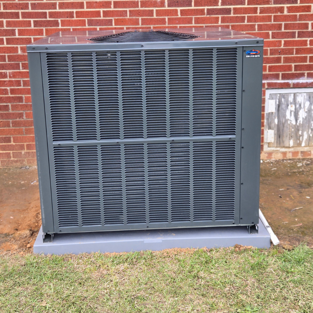 Completed installation of a new packaged HVAC unit by Dependable HVAC in Mount Gilead, NC. Reliable heating and cooling system replacement for residential homes.