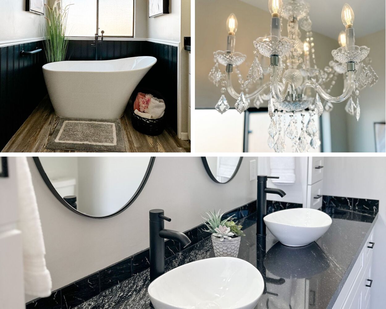 Bathroom design collage highlighting a freestanding tub, decorative chandelier, double vessel-sink v 