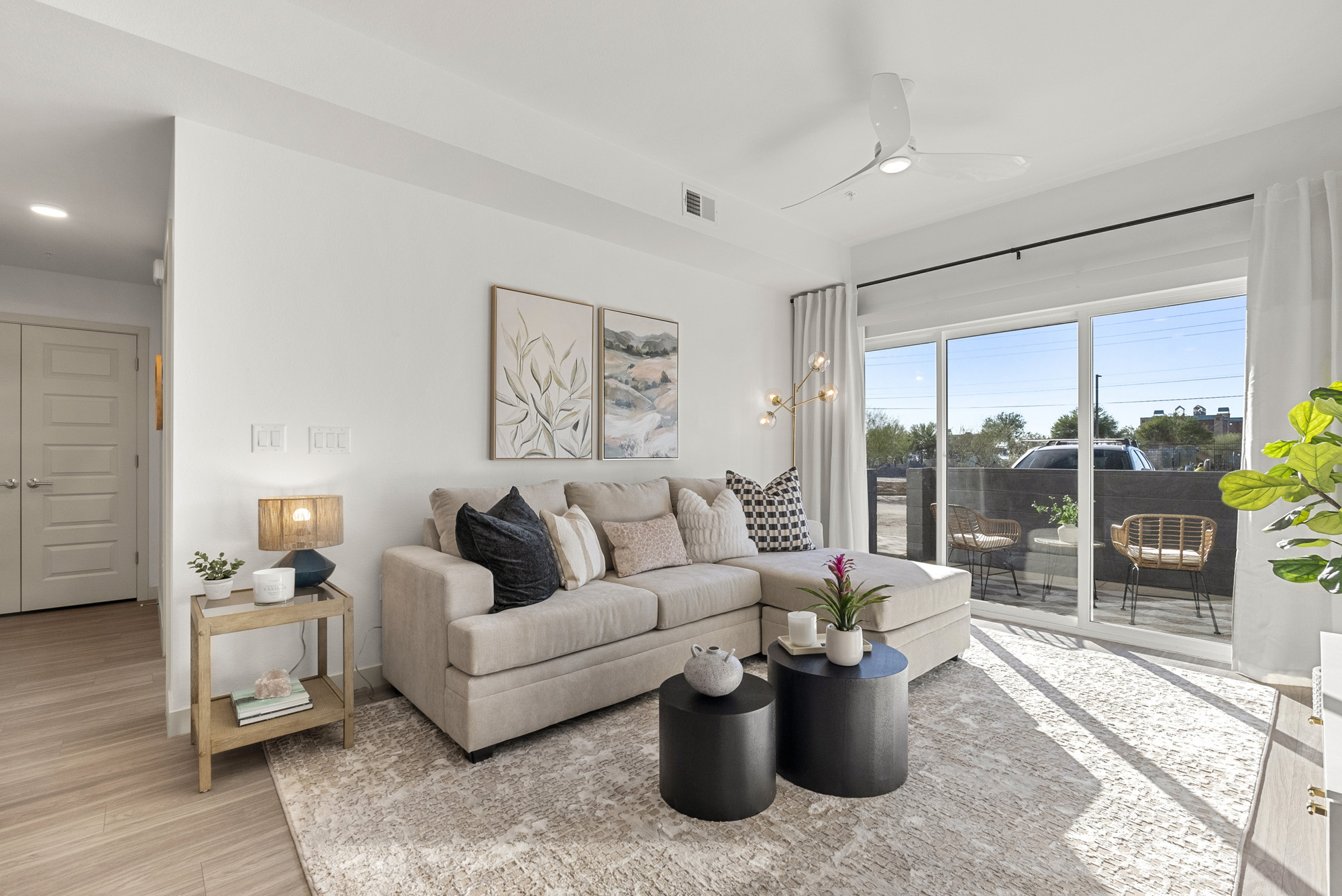 Modern living room with sliding glass door