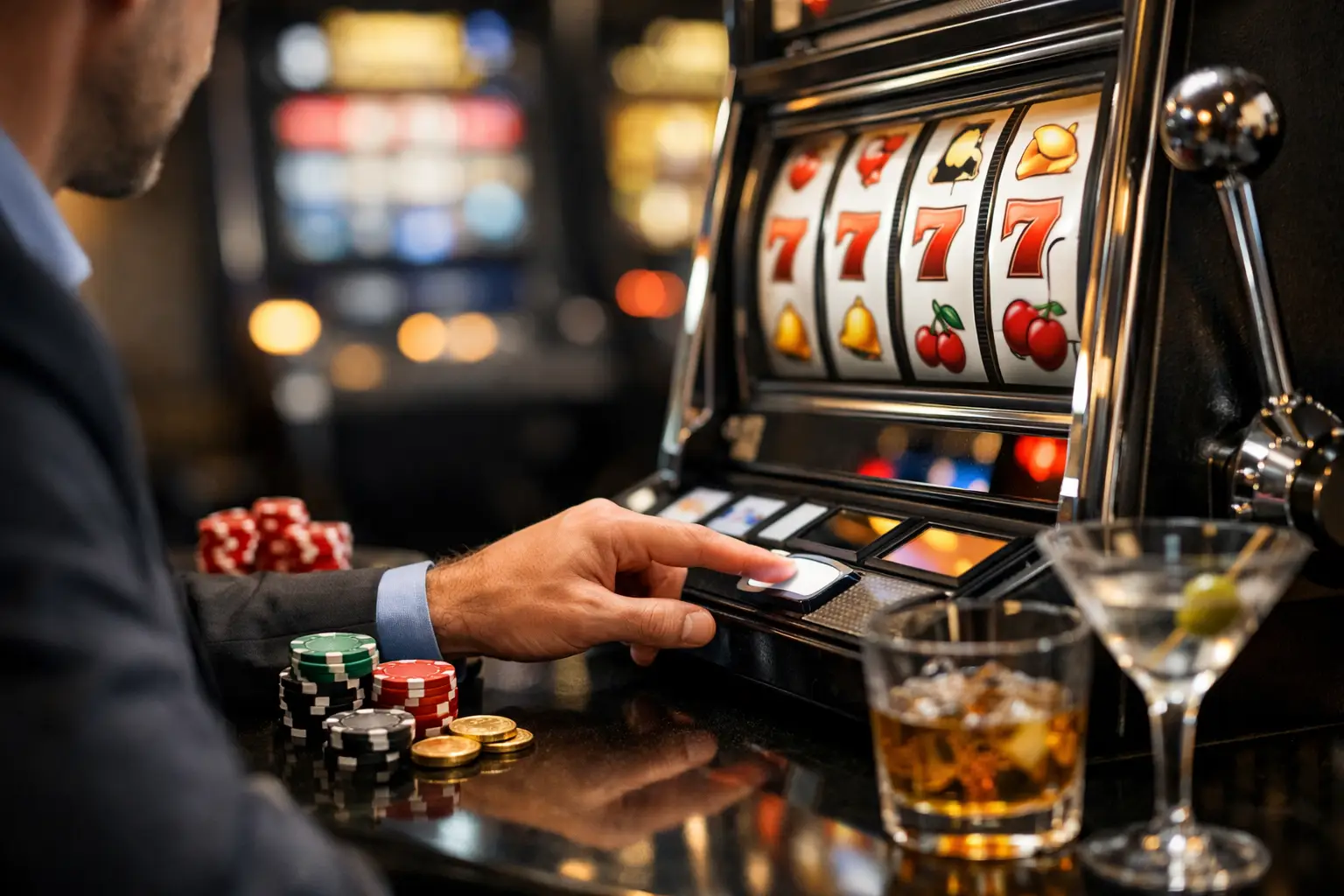 A person in a suit plays a slot machine in a dimly lit casino, with stacks of chips and drinks on the counter.