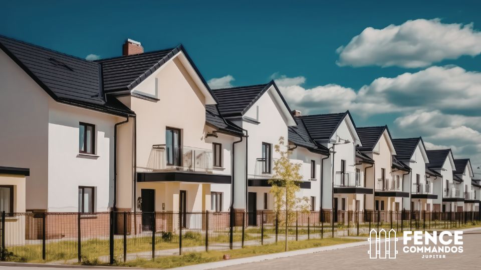 Uniform residential metal and security fencing along a modern planned community development. Fence C 