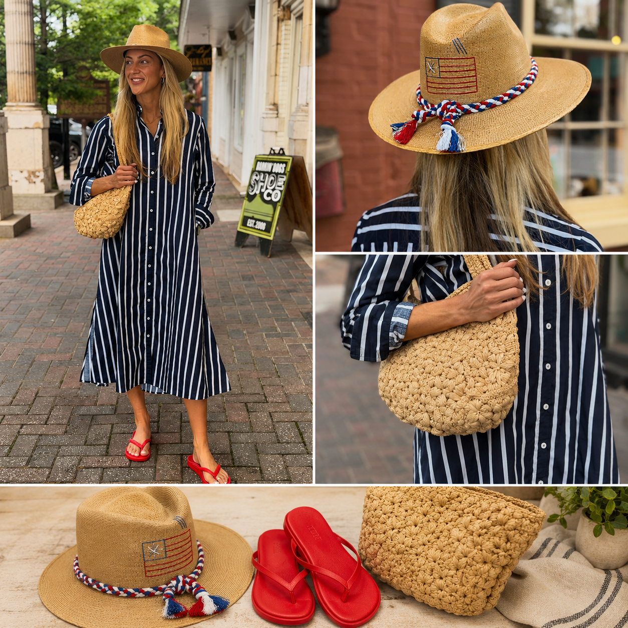 Women's summer fashion featuring a striped midi dress, woven straw hat, raffia handbag, and casual sandals. This lifestyle collage highlights stylish apparel and accessories designed for everyday comfort and warm-weather wear.