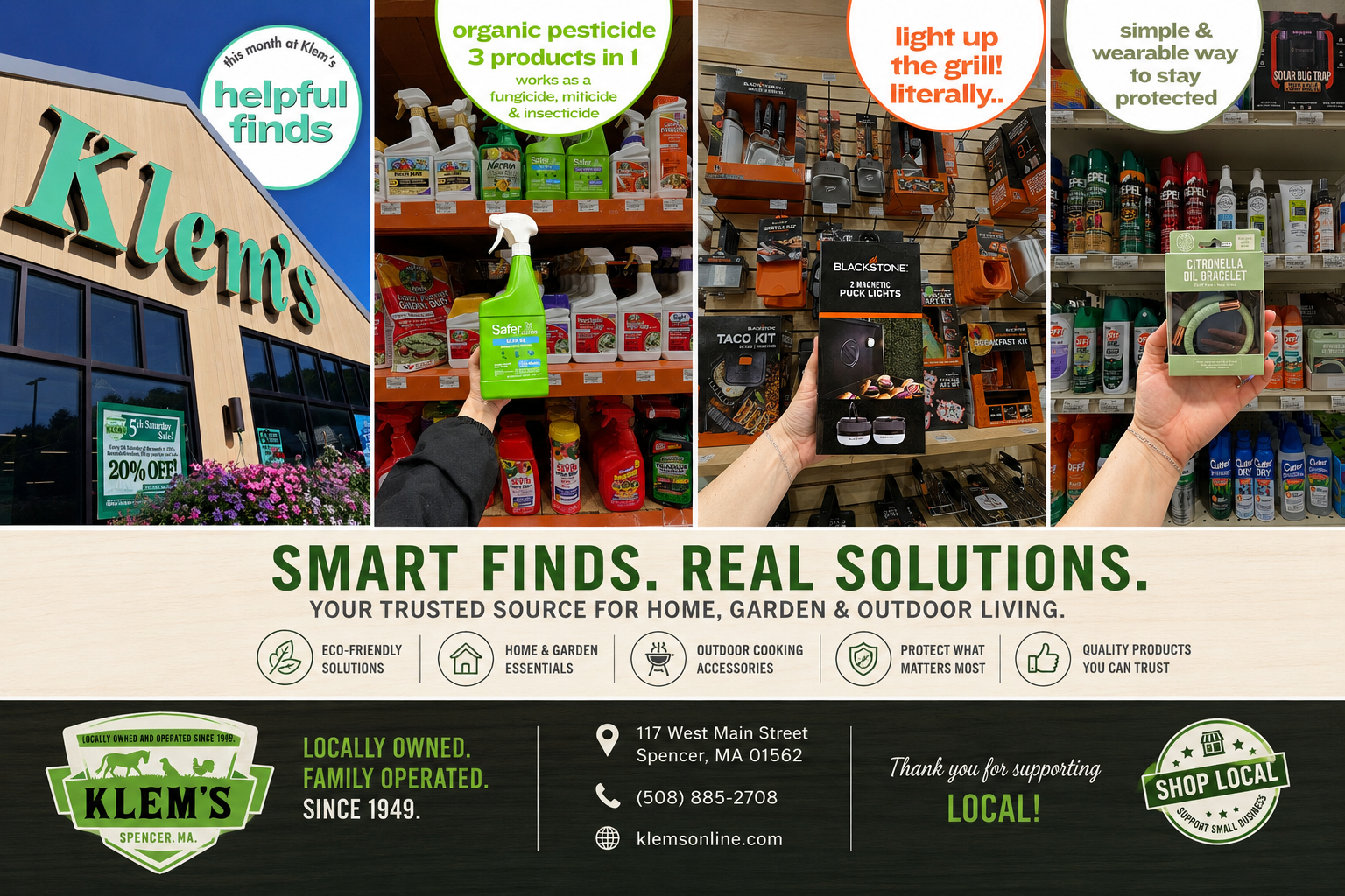 Discover Klem's Helpful Finds in Spencer, MA, featuring home, garden, outdoor living, grilling accessories, organic pest control solutions, and seasonal products designed to make everyday projects easier.