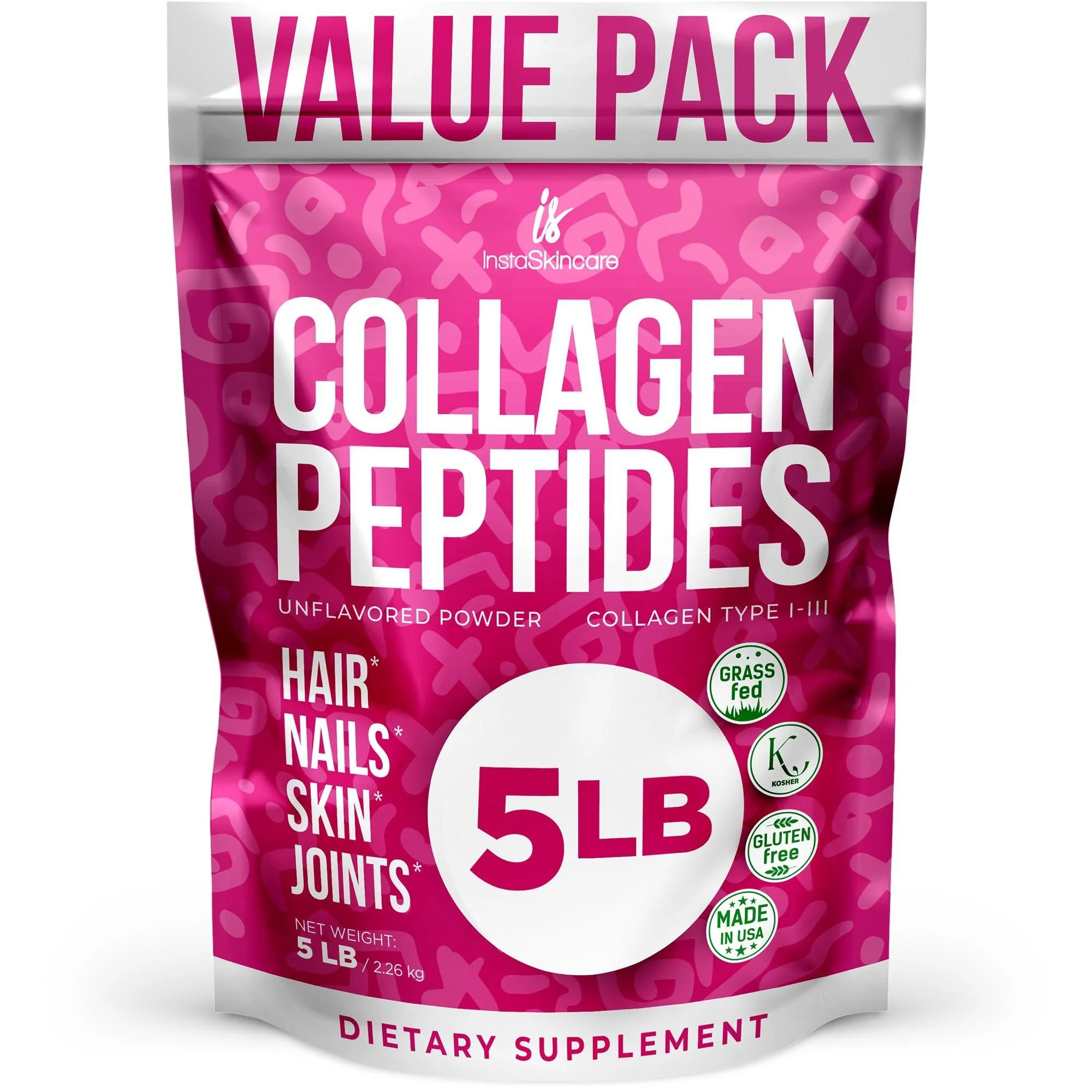 A bright pink bag of InstaSkincare Collagen Peptides is shown against a white background. The bag is a 'VALUE PACK' and contains 5 LB (2.26 kg) of unflavored powder, collagen type I-III. It is marketed for hair, nails, skin, and joints. The bag features a playful pattern of abstract shapes. Several certifications are visible, including 'GRASS fed', 'K KOSHER', 'GLUTEN free', and 'MADE IN USA'. The bottom of the bag reads 'DIETARY SUPPLEMENT'.