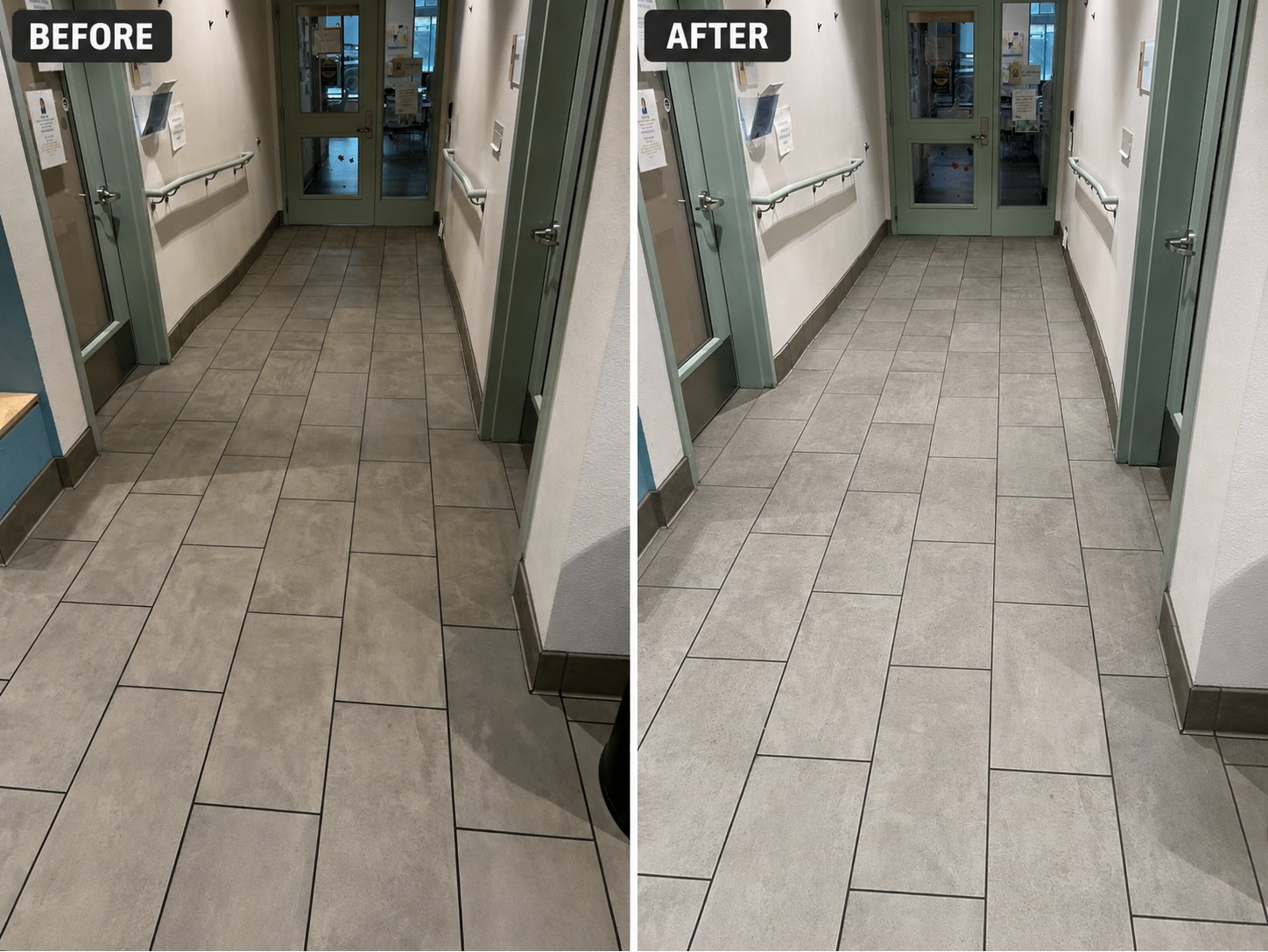 Before and after tile floor cleaning in a commercial corridor by Star's Janitorial Services, lifting grime from tile and grout.