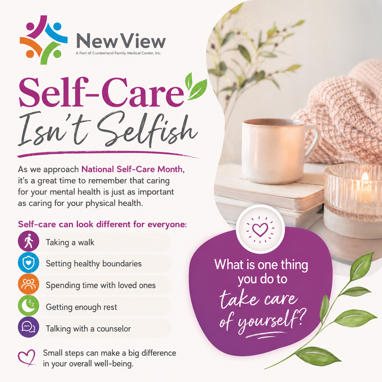 ???? Self-Care Isn't Selfish ???? As we approach National Self-Care Month, it's a great time to remember that caring for your mental health is just as important as caring for your physical health. Self-care can look different for everyone: ✔️ Taking a walk ✔️ Setting healthy boundaries ✔️ Spending time with loved ones ✔️ Getting enough rest ✔️ Talking with a counselor Small steps can make a big difference in your overall well-being. What is one thing you do to take care of yourself
