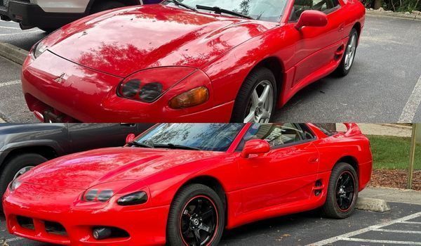 Before-and-after photos show a red sports coupe with exterior damage restored to a cleaner, polished 