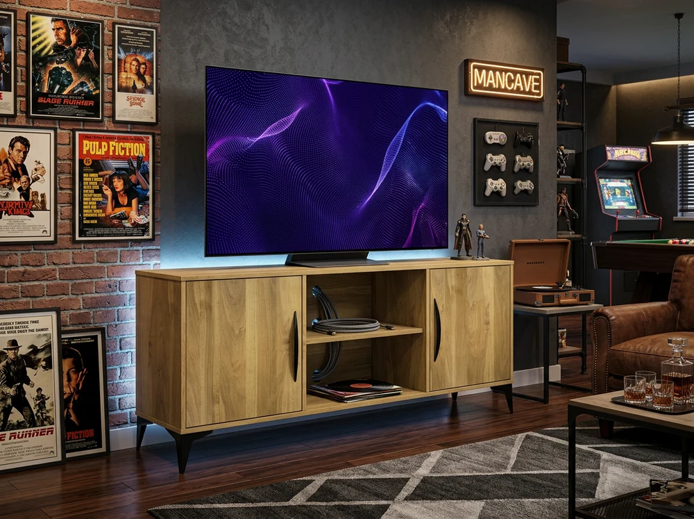 Columbia TV Stand by Foundry 39, a solid Maple wood media console with Chestnut finish, three adjust 