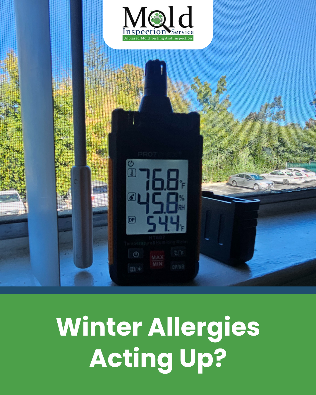 Indoor air quality monitor showing humidity levels, highlighting winter allergy concerns and the need for professional air quality testing.