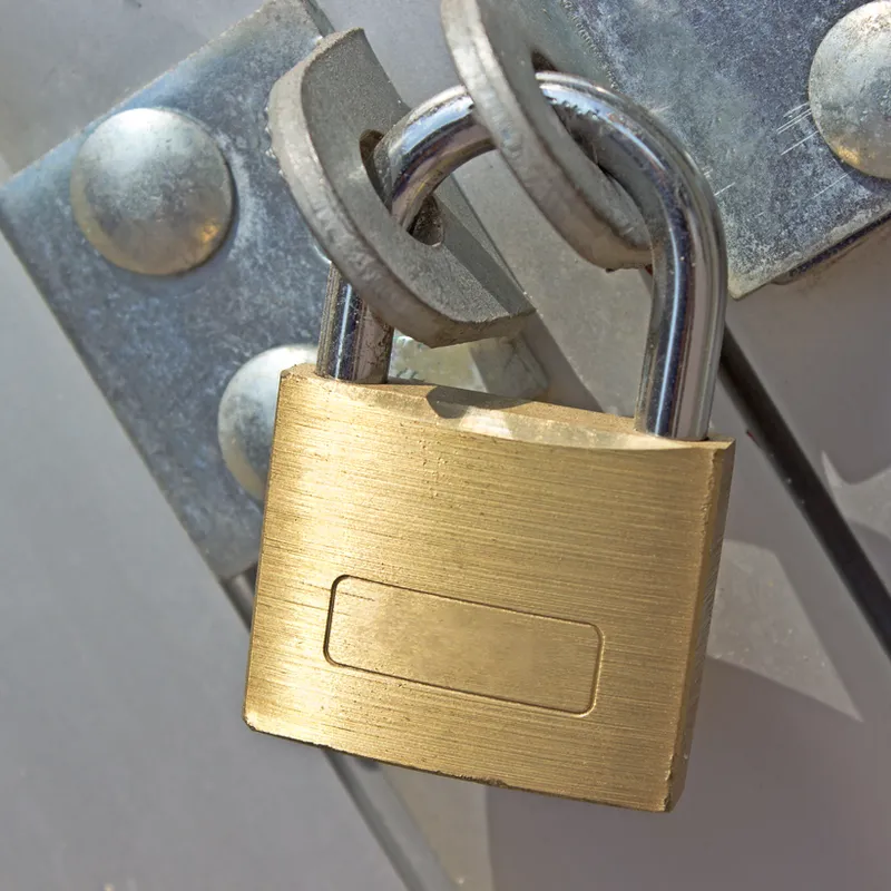 A close-up shot of a brass padlock attached to a metal fixture with rivets. The padlock is closed and its shackle is looped through a metal bracket. A thin black wire or cable is visible to the right of the padlock. The image highlights the texture and metallic sheen of the lock and surrounding hardware.
