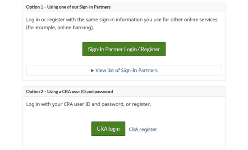 Screenshot of the CRA account login page.