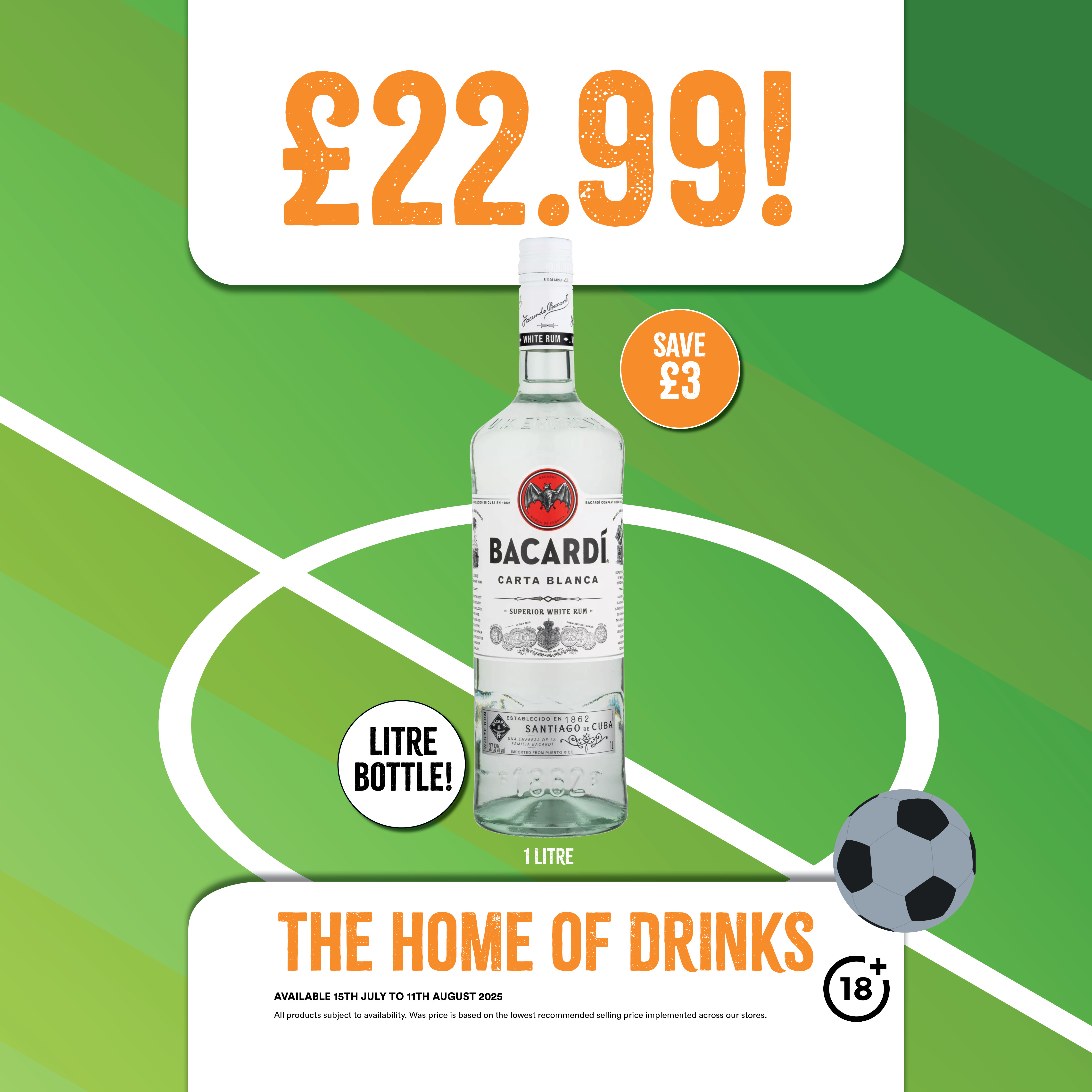 Litre bottle of Bacardi now £22.99