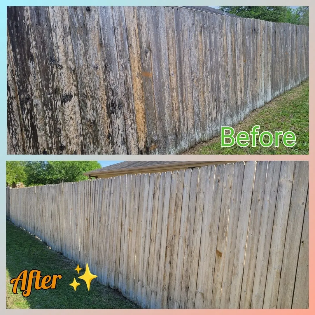 A split image displays a "Before" and "After" comparison of a wooden fence. The top "Before" section shows a fence that is weathered, with peeling paint and dark stains. The bottom "After" section shows the same fence after it has been cleaned, appearing lighter and more uniform in color. Both images show a grassy lawn on one side of the fence and a hint of a house roofline in the background. The "Before" text is in bright green, and the "After" text is in orange with yellow sparkle graphics.