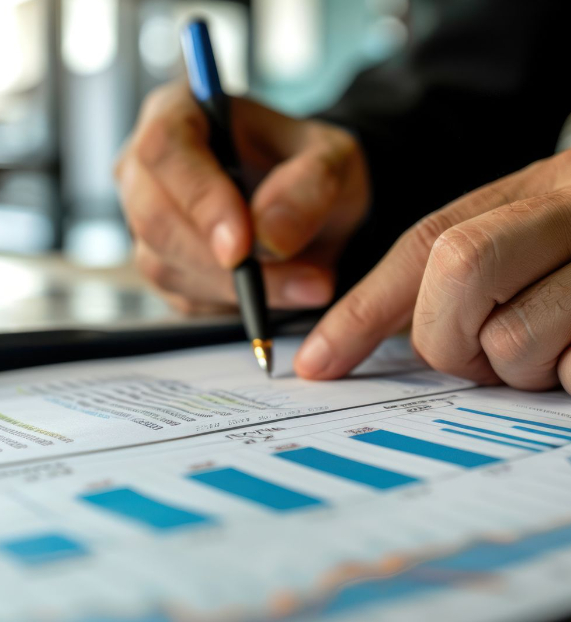 Macro shot of a person holding a pen pointing at printed financial charts, bar graphs, and line graphs on a desk during a planning meeting.