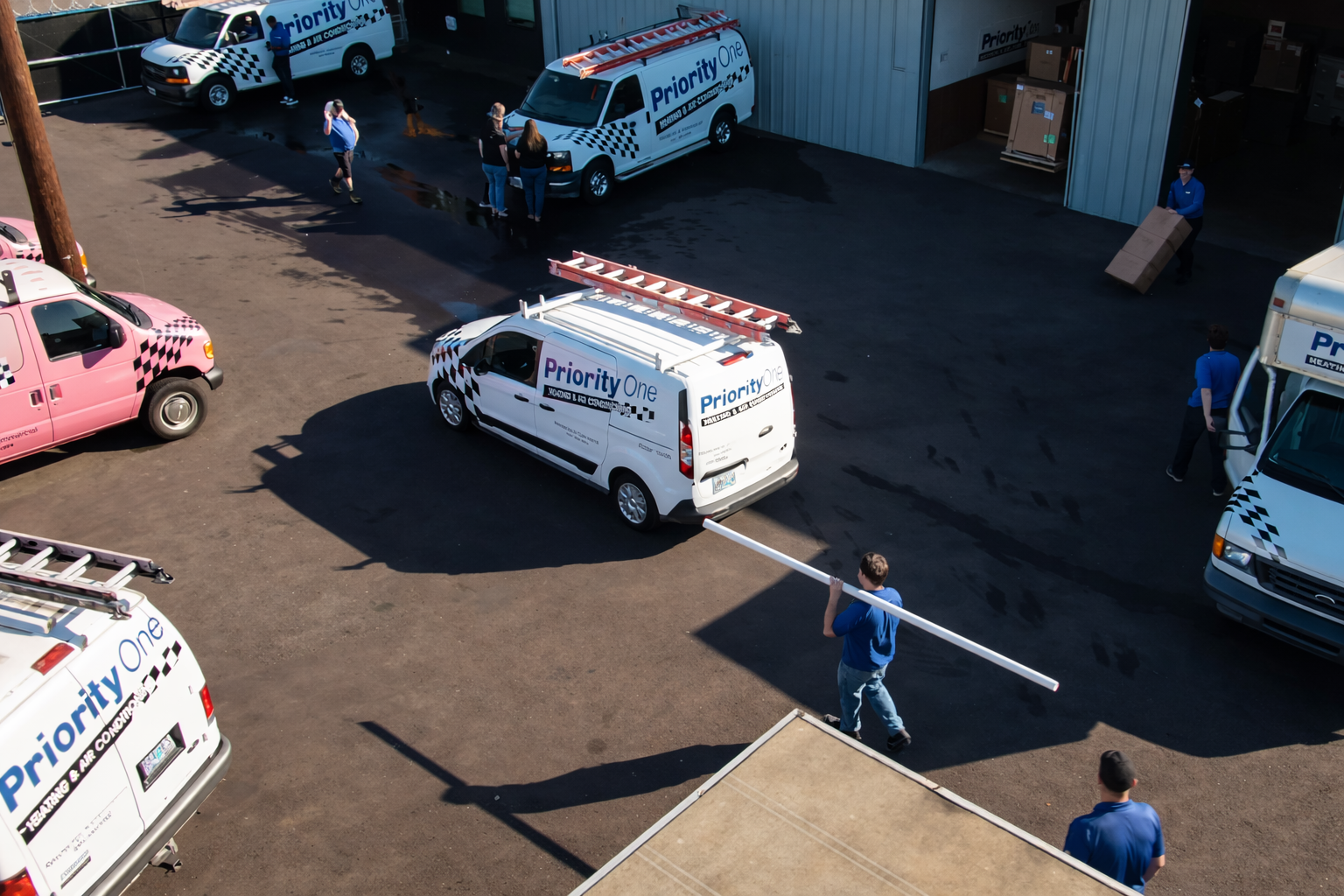Every morning the yard at 4232 West 7th Avenue comes alive as the Priority One team loads up and fans out across Eugene, Springfield, Pleasant Hill, Creswell, Elmira, Fall Creek, Lowell, Marcola, Junction City, Harrisburg, Monroe, Veneta, and Dexter.
