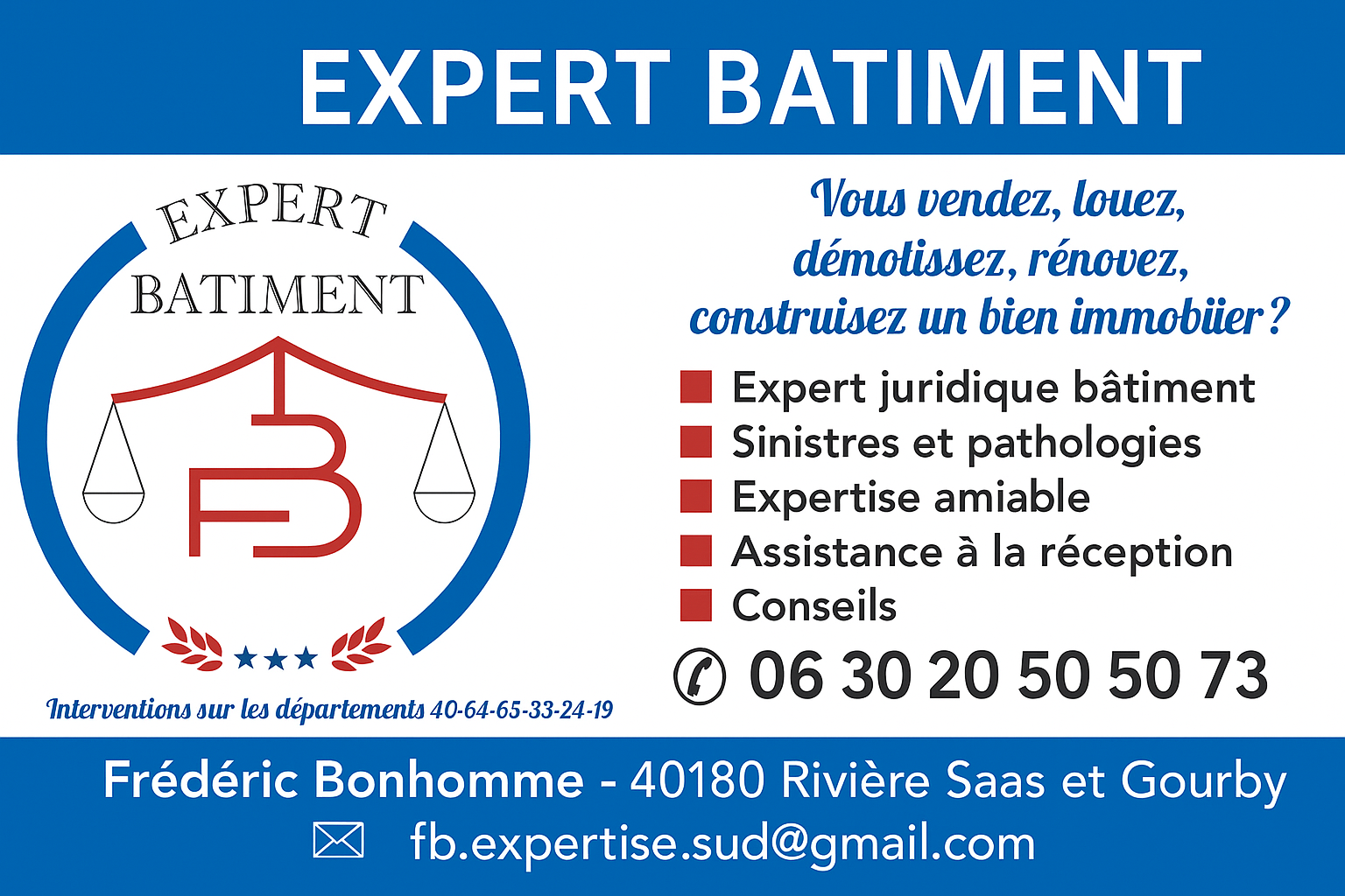 Expert Bâtiment – FB EXPERTISE SUD
Frédéric BONHOMME, Expert indépendant Expert Bâtiment – FB EXPERTISE SUD
Frédéric BONHOMME, Expert indépendant