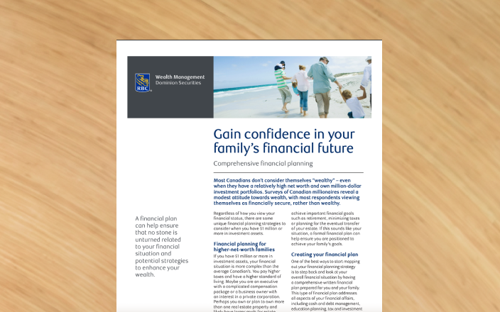 An image of the first page of gain confidence in your family's financial future fact sheet, with a photo of a family spending time at the beach.