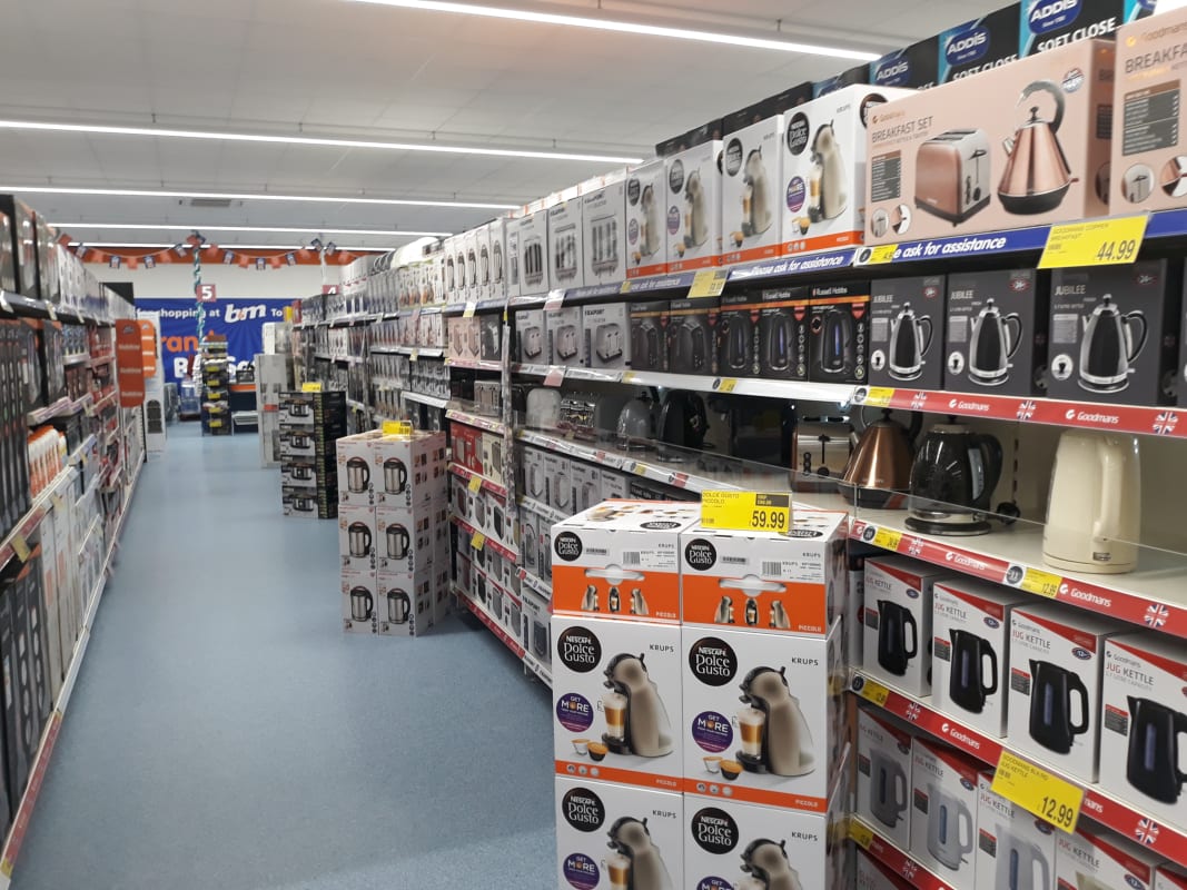 B&M's Tonbridge store stocks a huge range of electrical appliances, from kettles and microwaves to speakers and TVs.