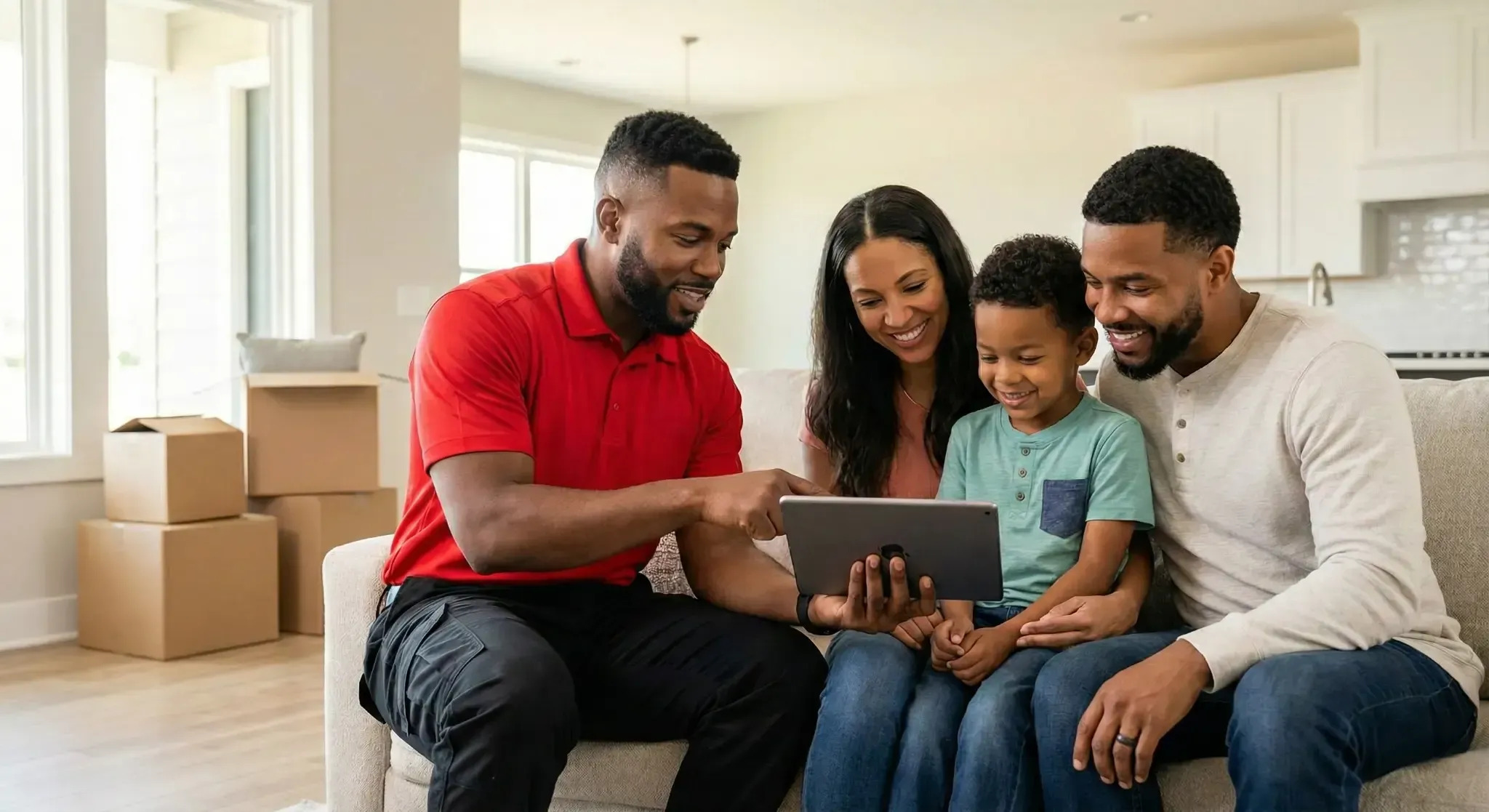 A professional moving consultant reviews relocation details on a tablet with a smiling family, providing personalized assistance, clear communication, and reliable planning before a successful residential moving experience.