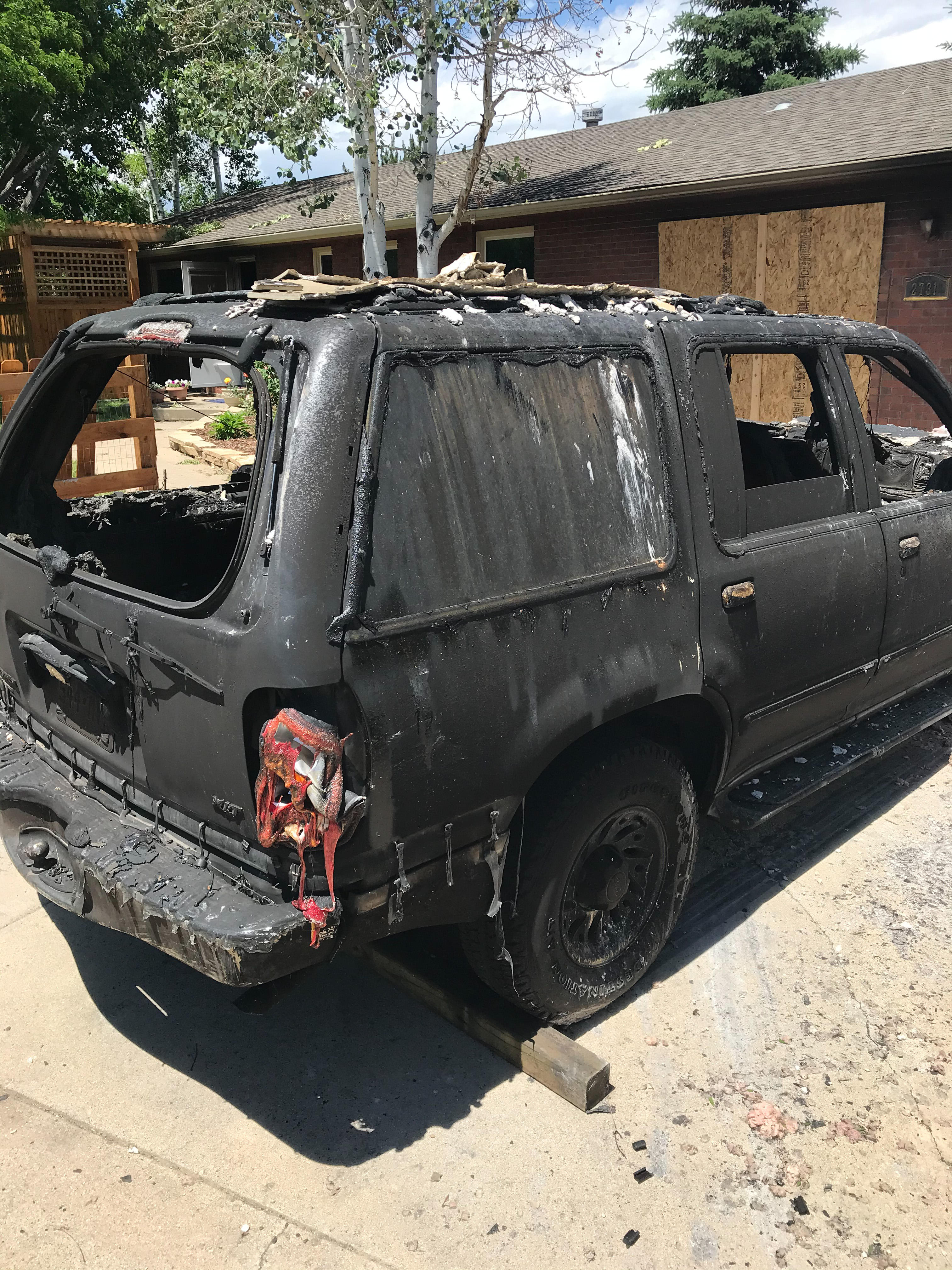 The remains of a vehicle after a fire.