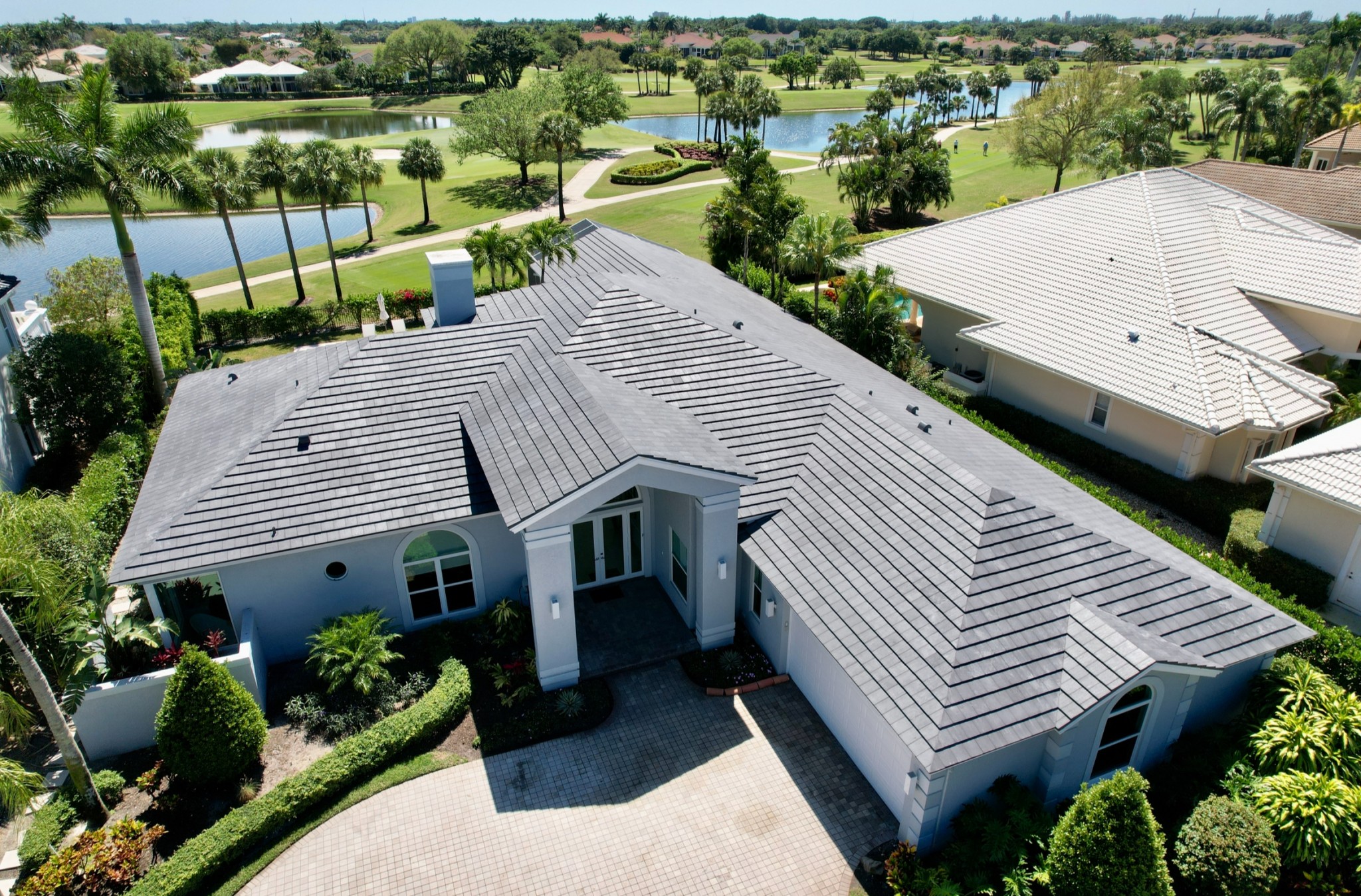 This customer requested mitered hips and ridges for a more seamless look. This tile color is called Dark Charcoal.