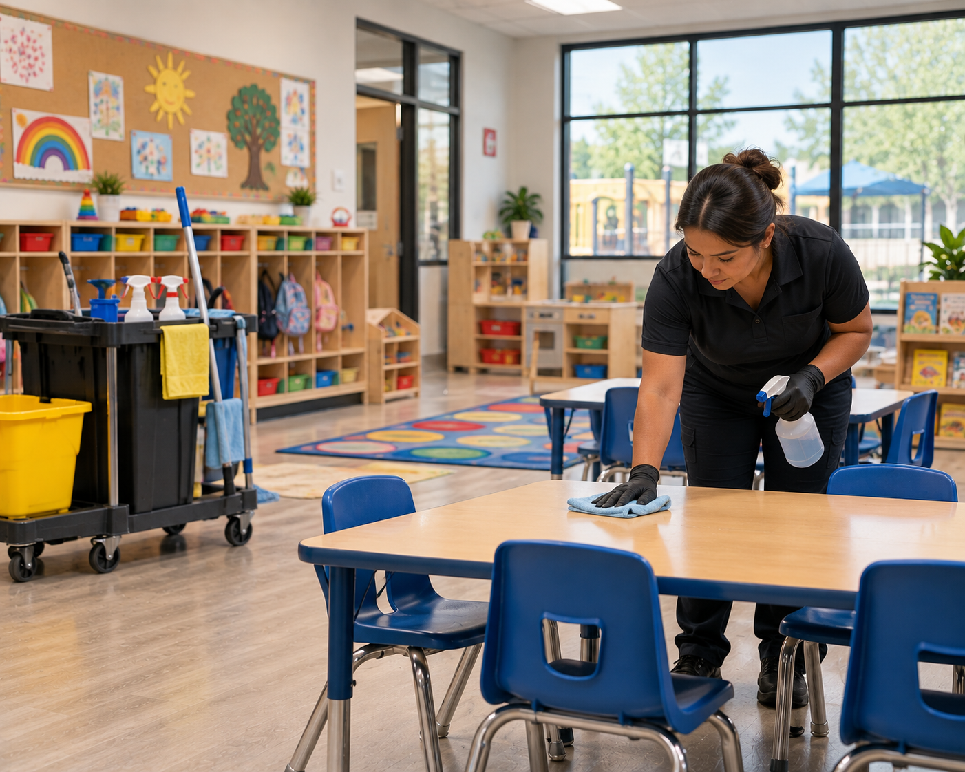 A professional cleaner wipes a classroom table in a childcare facility, illustrating commercial cleaning for Phoenix-area daycares, preschools, and learning environments.
