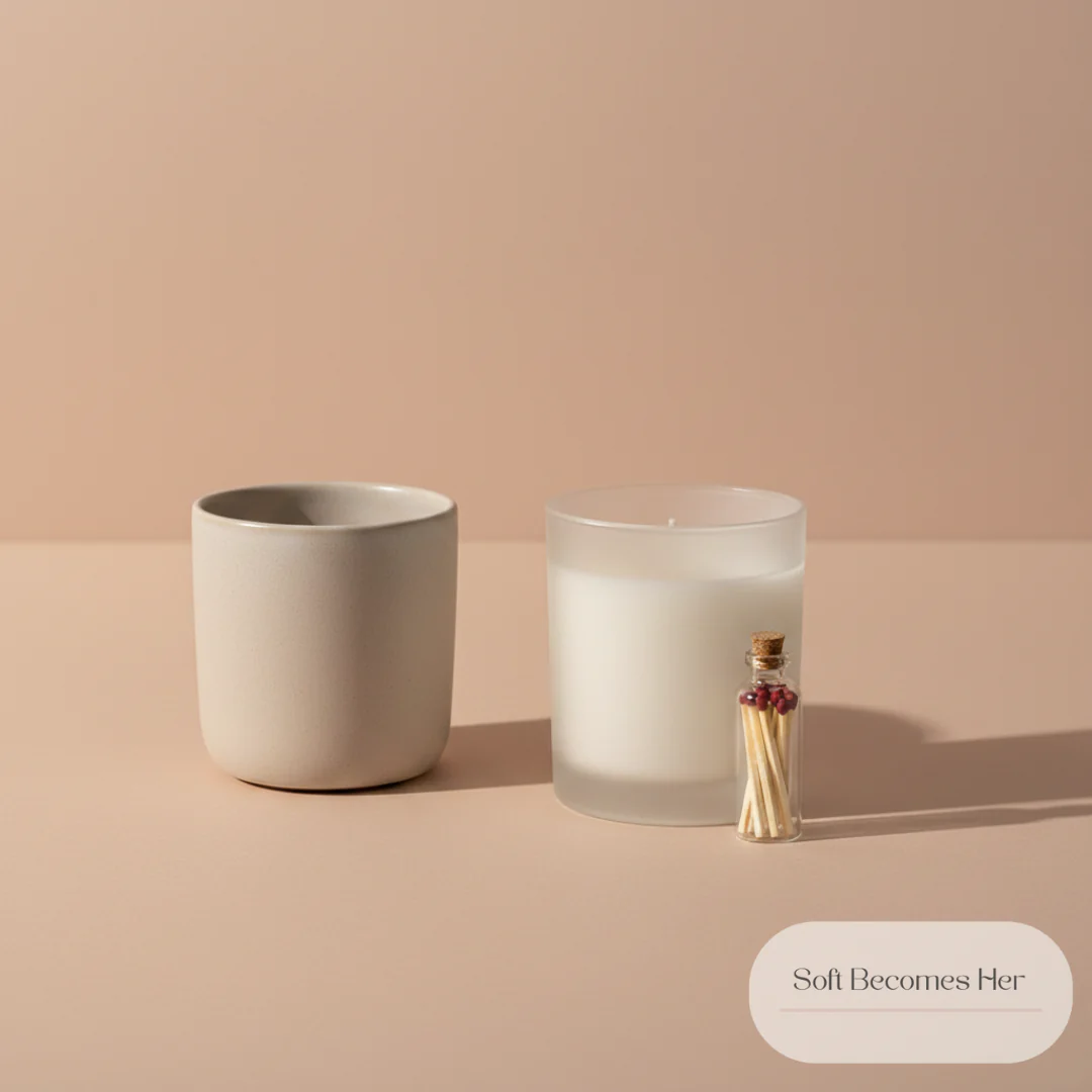 A muted beige ceramic vessel sits next to a frosted glass candle filled with white wax. A tiny glass bottle filled with red-tipped matches stands to the right of the candle. The background is a solid, pale peach color, and a text overlay reads 'Soft Becomes Her' in a light pink oval shape.