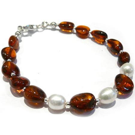 Cognac Amber and Fresh Water Pearl Statement Bracelet Autumn and May London 020 8293 9361