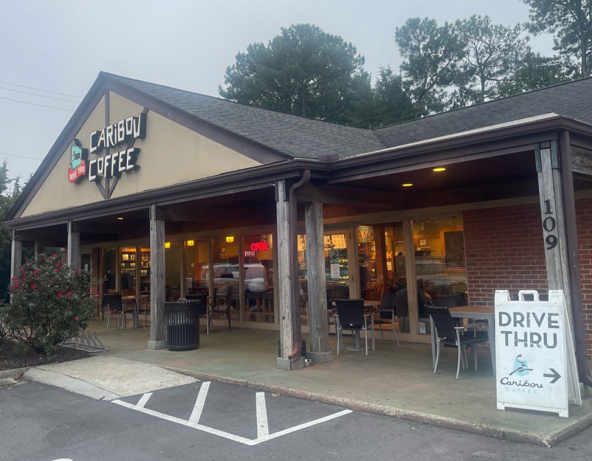 Storefront of the Caribou Coffee at 109 SW Maynard Road in Cary