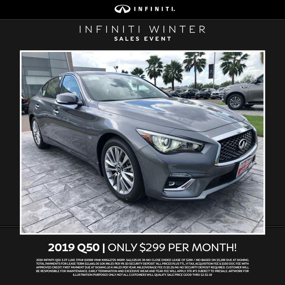 Lease a 2019 INFINITI Q50 for $299 per month at Bert Ogden INFINITI in Edinburg! Call us for more information at (956)797-7742! Dale Gas!!!