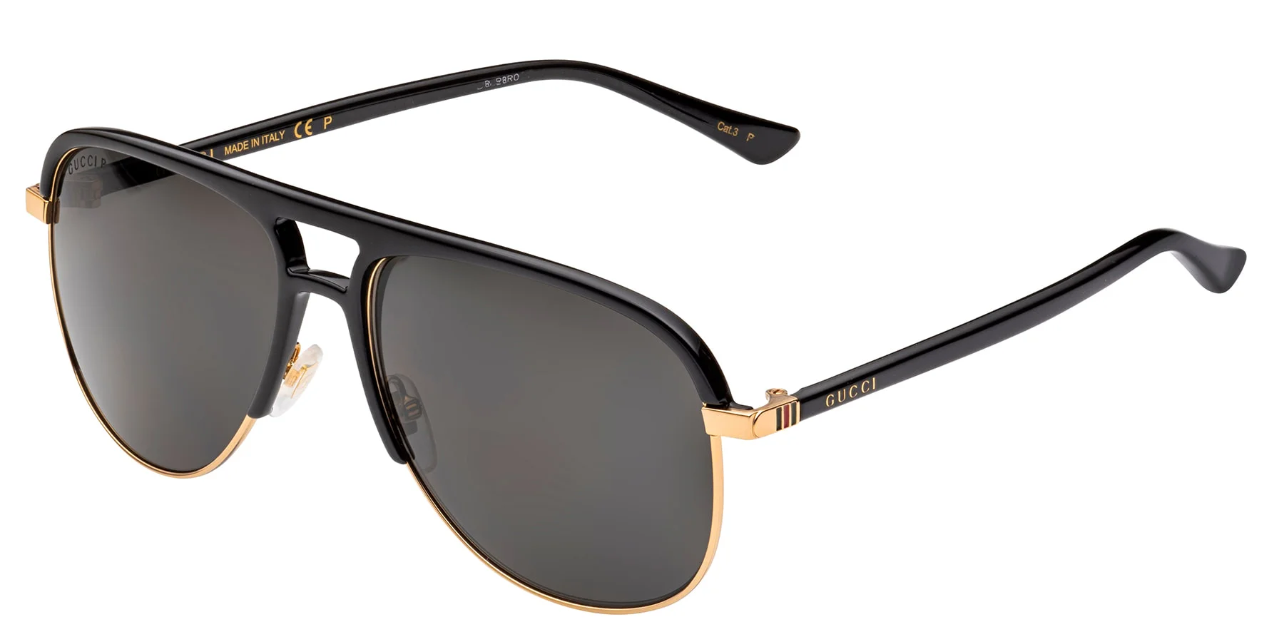 A pair of black and gold aviator-style Gucci sunglasses with dark gray lenses is presented against a white background. The sunglasses feature a black acetate frame with gold detailing on the bridge and temple hinges. The Gucci logo is visible in gold on the temple arms, along with a red, white, and green stripe detail. The lenses appear to be polarized.