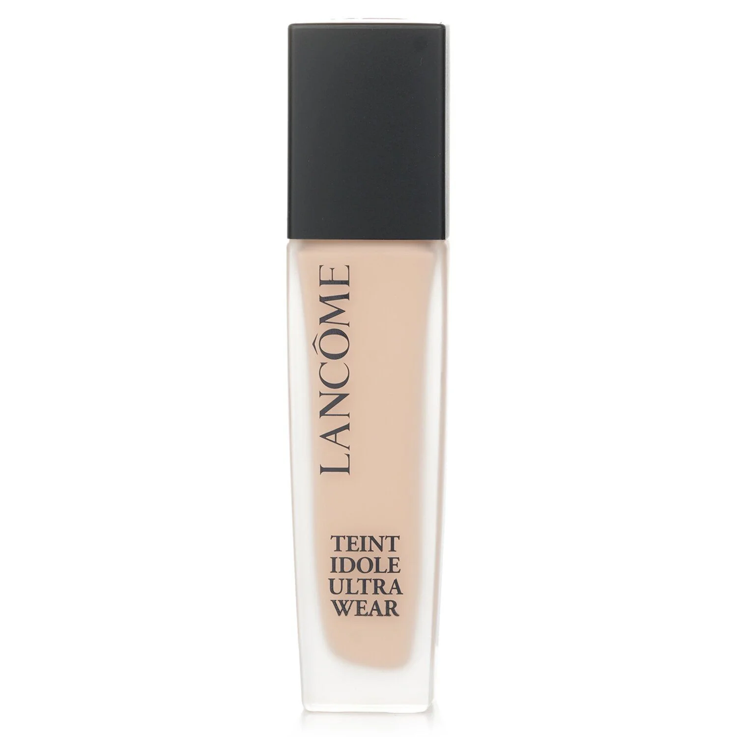 A product shot of Lanc&ocirc;me Teint Idole Ultra Wear foundation in a clear glass bottle with a black cap against a white background.